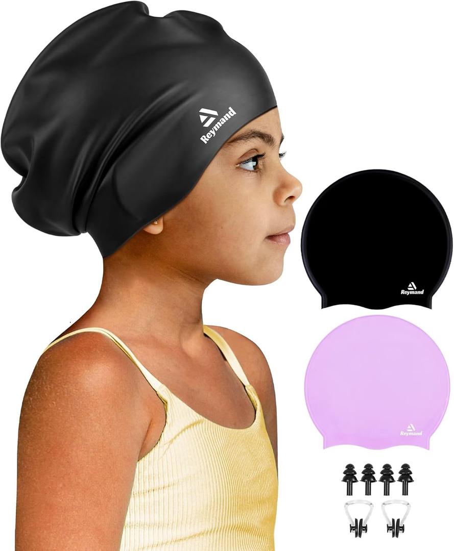 2 Pack Kids Extra Large Swim Cap for Long Thick Hair, Waterproof Silicone Swimming Cap for Toddler Child Youth Girls Boys, Durable Swim Hats Bathing Caps for Braids, Dreadlocks, Extensions, Afros (Black+Purple)