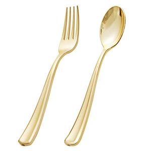 BUCLA 200-Piece Gold Plastic Silverware - Heavy Duty Disposable Cutlery Set - 100 Gold Plastic Forks & 100 Spoons for Catering, Party, Dinner, Wedding
