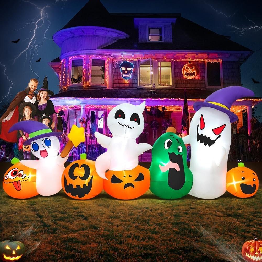 8 FT Halloween Inflatables Blow up Outdoor Decoration, Inflatable Ghost with Pumpkin Led Light Inflatables Outdoor Decor Blow up Inflatables for Holiday Party Lawn Yard Garden Dcor