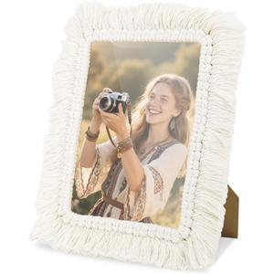 AceList Boho Picture Frame 57, Hand-Woven Picture Frame with Stand for Tabletop Display, Bohemian Decorative Photo Frame for Home Farmhouse Decor, Wedding Gift (White) (5x7)