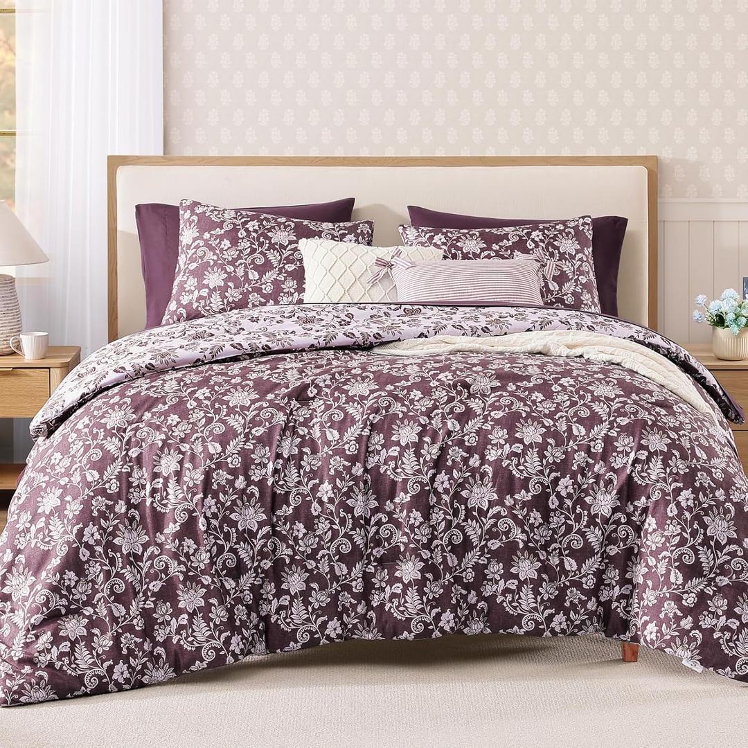 BLOOMHAVEN Queen Comforter Set -7 Pieces Floral Dark Purple Comforter Set for All Seasons, Bed in a Bag Queen with Botanical Flowers Comforter, Sheets, Pillowcases & Shams