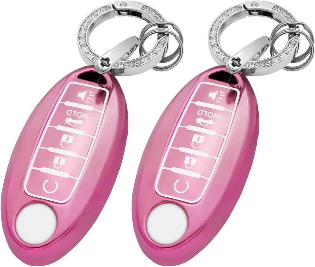 Koongloong 2 Pack Key Fob Cover for Nissan 5 Button Pink Car Keys Case Altima Rogue Sentra Pathfinder Maxima Murano Versa Armada Accessories Bling Keychain TPU Women Girly