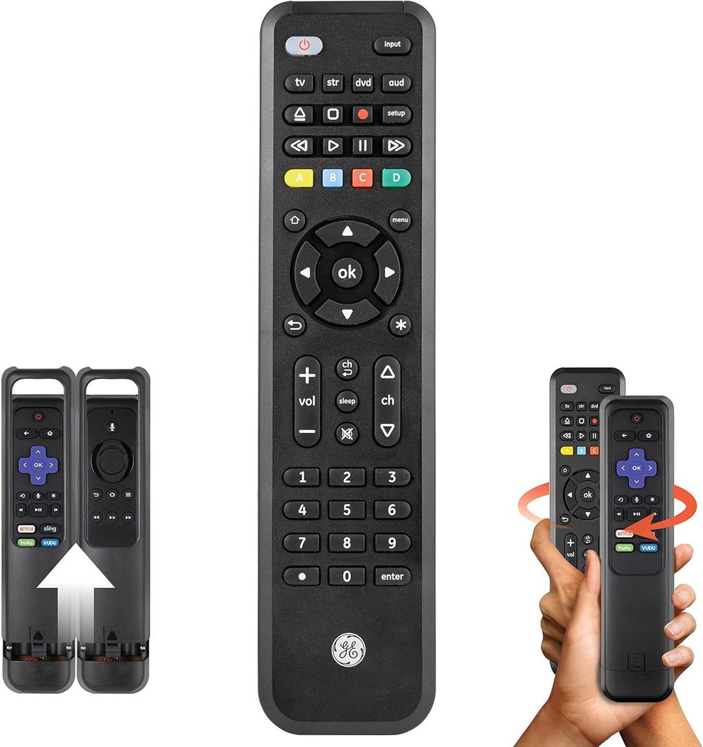 GE Universal Remote Control with Roku or Fire TV Streaming Remote Compartment, use with Samsung, Vizio, LG, Sony, Sharp, Apple TV, TCL, Smart TVs, Streaming Players, Blu-ray, DVD, 4-Device, 59046