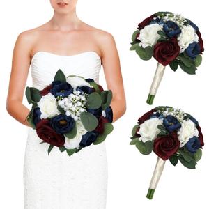 Set of 2 Bridesmaid Bouquets, 11 Inch Wedding Artificial Flower Bouquets for Wedding Ceremony Bridal Shower Decorations - Burgundy & Navy Blue