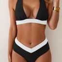 B2prity Women Halter Bikini Sets Sexy Deep V Neck Two Piece Swimsuits Color Block Bottom (Pink, L)