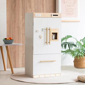 Wooden Play Kitchen Fridge  Interactive Ice Maker, Double Door Storage & Creative Fridge Magnets, Pretend Play Refrigerator for Boys & Girls 3+