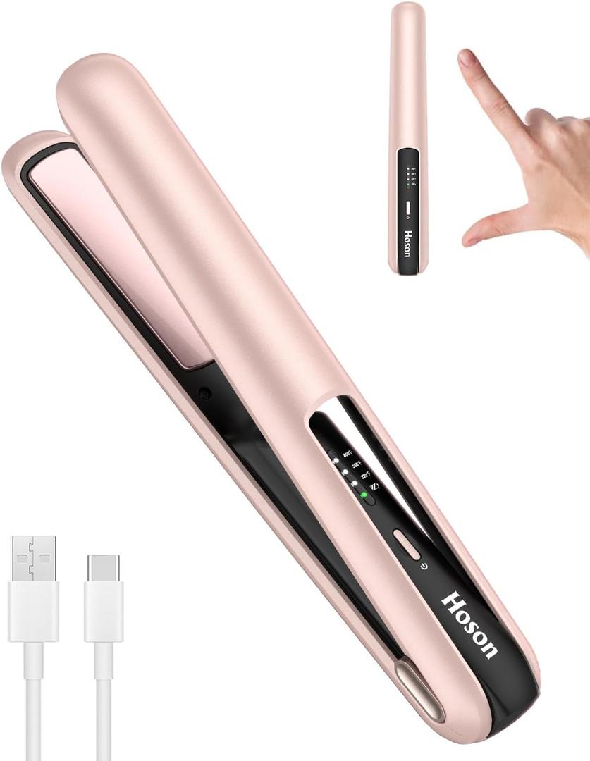 Hoson Cordless Hair Straightener,Portable Mini Flat Iron Travel for Short Hair,USB-C Rechargeable Wireless Hair Straightener and Curler 2 in 1 (Pink),for Touch Ups