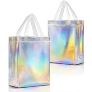 Nush Nush Iridescent Gift Bags Medium Size - Set of 12 Reusable Holographic Gift Bags with Handles - Goodie Bag for Birthdays, Bachelorette, Weddings, Holidays, Valentines, Events - 8"W x 4"D x 10"H