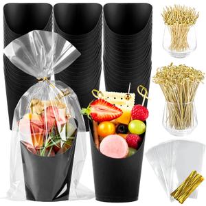 50 Sets 14 oz Charcuterie Cups with Sticks and Bags, Individual Black Paper Charcuterie Boxes Disposable Individual Appetizer Serving Cups (50 Cups + 200 Cocktail Picks + 50 Bags + 50 Ties)