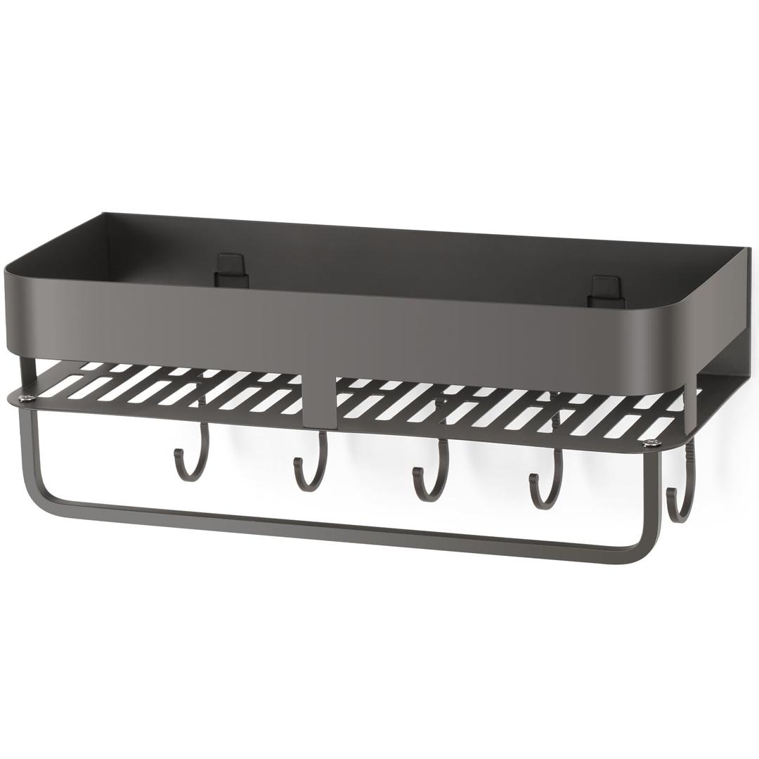 CIBOTIES Extended version Adhesive Shower Caddy, 15.7 inch Stainless Steel Shower Shelves for Inside Shower with Hooks & Towel Bar-No Drilling(Gun Gray)