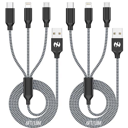 Xnewcable Multi Charging Cable 6ft 2Pack 3 in 1 Charger Cord, Multiple Rapid Nylon Braided Cable USB Charging Cable Multi Phone Charger Cord with Type C Micro Lightning USB Connectors for Cell Phones