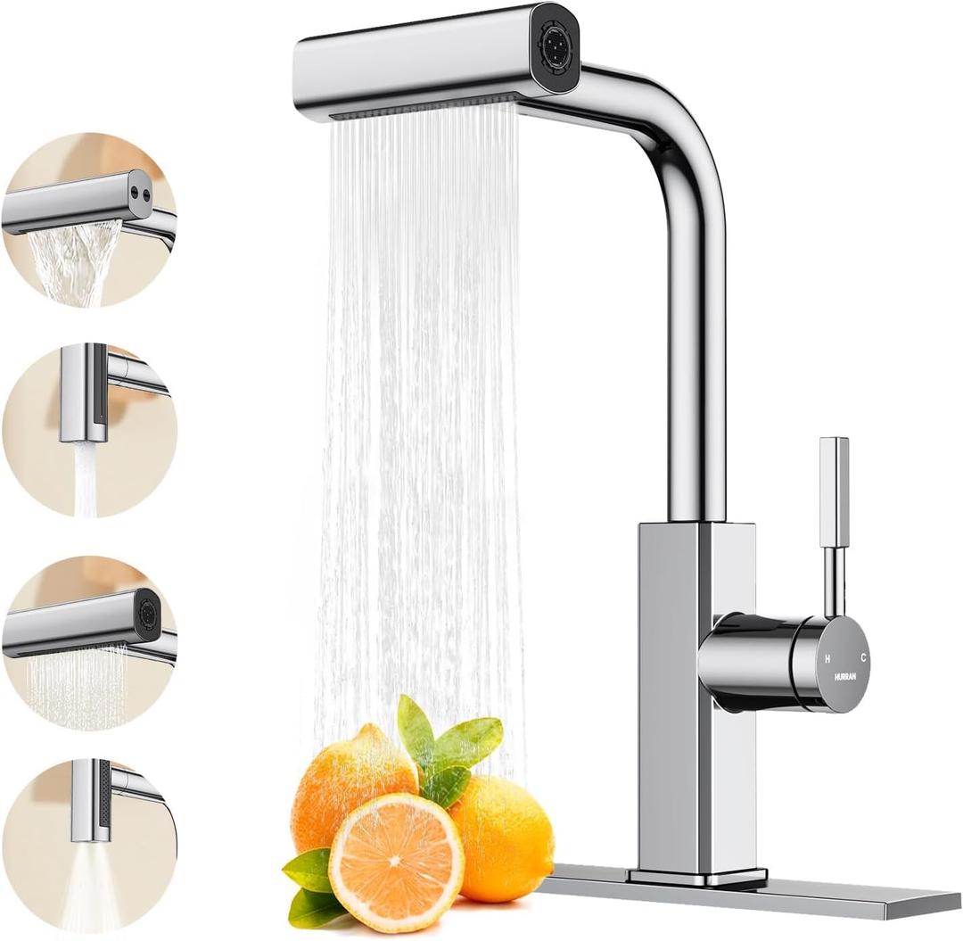 Waterfall Kitchen Faucet with Pull Down Sprayer, Hurran Stainless Steel Kitchen Sink Faucet with 4 Modes(Sweep/Stream/Waterfall/Sprayer),360 Swivel Modern, Chrome