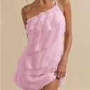 SOLY HUX Women's Mini Dress One Shoulder Ruffle Mesh Dresses Layered Backless Vacation Party Sundresses Size L