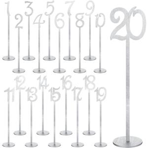 20 Pcs Table Numbers Wedding Table Numbers Wood Table Numbers for Wedding Reception Stands Seat Numbers with Holder Base Table Numbers for Wedding Party Event Catering, 1-20 (Silver)
