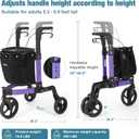 3 Wheel Walkers for Seniors, Foldable Rollator Walker with Tray & Large Storage Bag, 10" Big Wheel for All Terrain, 350 lb Weight Capacity, Purple