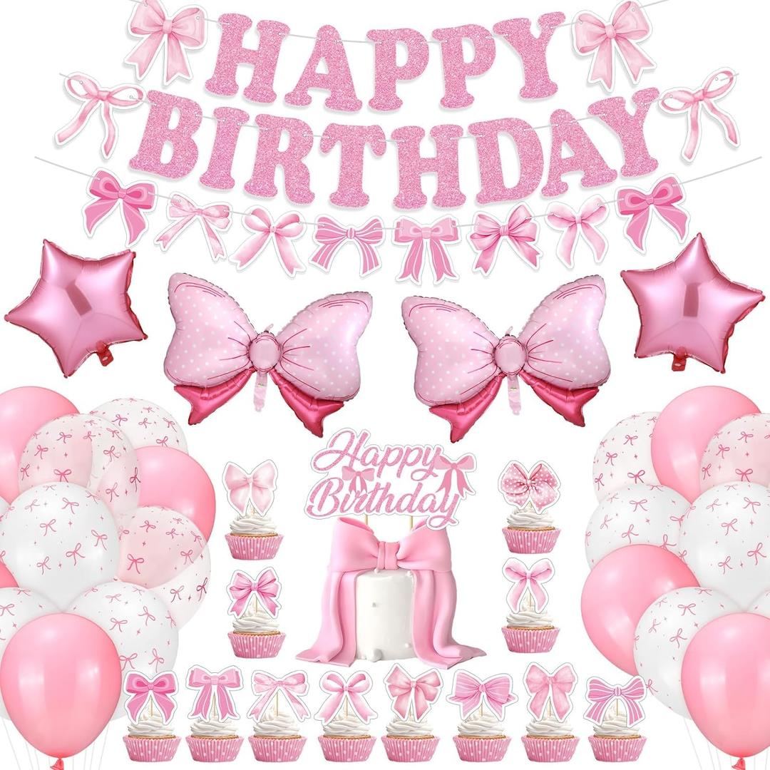 44 Pcs Pink Bow Birthday Decorations Include Pink Bow Balloons Star Balloons Cake Topper Bow Happy Birthday Banner for Party
