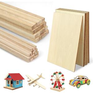 Unfinished Balsa Wood Sheets Sticks, Wood Dowel Rods Square Basswood Sheets, 50 Pcs Wooden Craft Making Supplies for Crafts DIY Projects Making