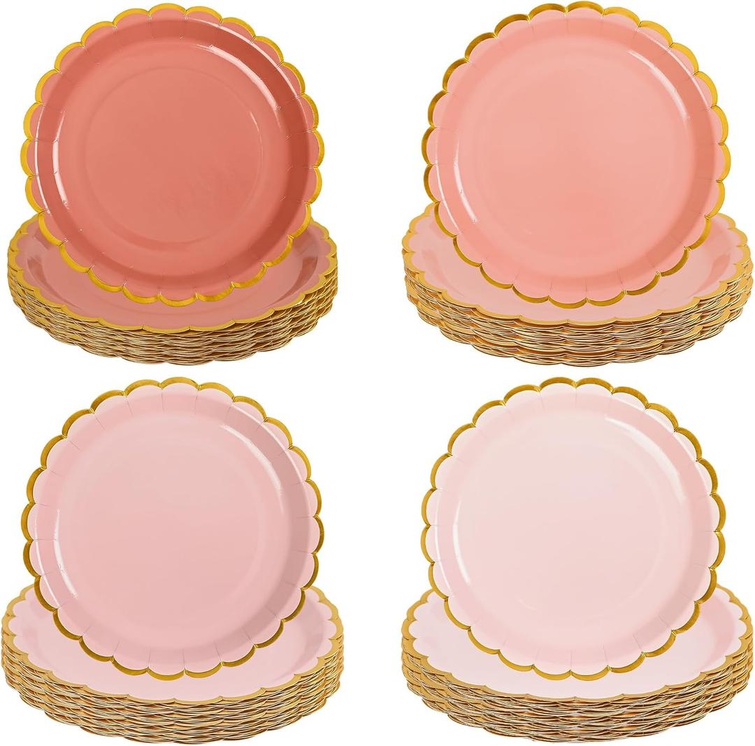 AimFun 48 Pcs Dusty Pink Scalloped Party Plates Valentines Day Gold Foil Border Paper Plates Disposable 9 Inch Gradient Serving Plates for Birthday Wedding Bridal Baby Shower Party Supplies