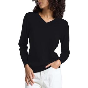 Women's Long-Sleeve Pullover Lightweight Soft V-Neck Casual Sweater Top (Black, XXL)