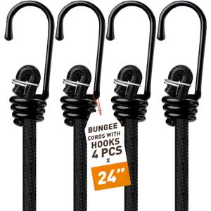 Black Bungee Cords with Hooks 24 inch - Bungie Cords Heavy Duty Outdoor 4 Piece Set UV Resistant