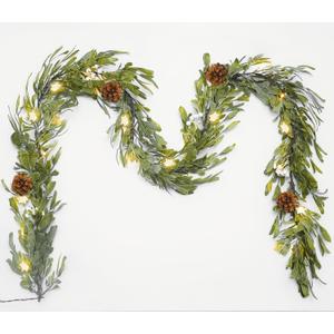 6FT Pre-lit Christmas Garland with 20 LED,Artificial Greenery Pine Garlands with Star Berry,Battery Operated with Timer for Indoor Outdoor Office Winter Holiday Decor