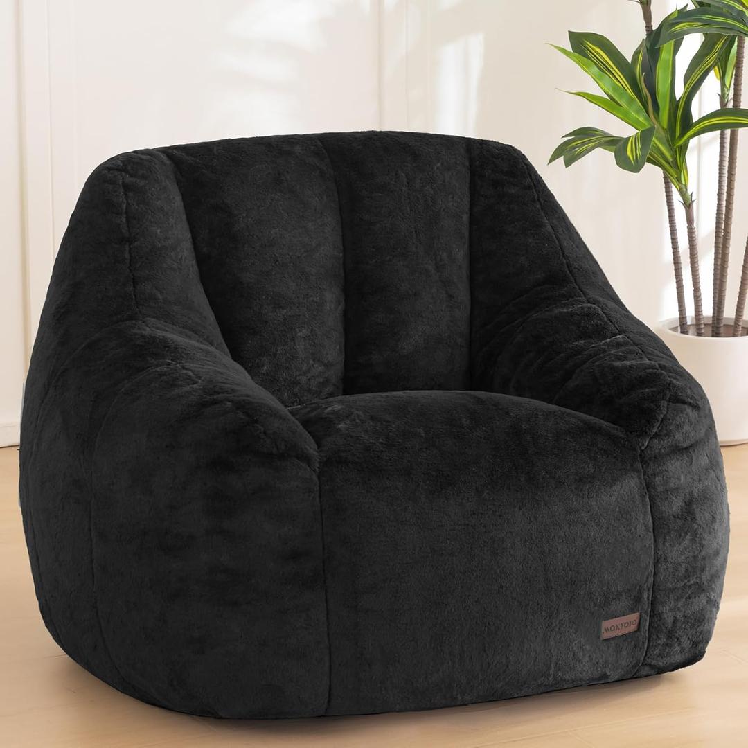 MAXYOYO Bean Bag Chair, Comfy Bean Bag Sofa with Back Support, Faux Fur Bean Bag Chair for Adults and Kids, Stuffed Floor Sofa for Living Room, Bedroom, Apartment, Black (Large)