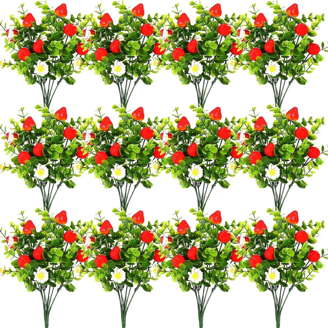 Tigeen 12 Pack Strawberry for Decoration Fake Strawberry Branches Artificial Vivid Red Faux Tables Centerpiece for Kitchen Stem Fruits for Home Spring Summer Decor