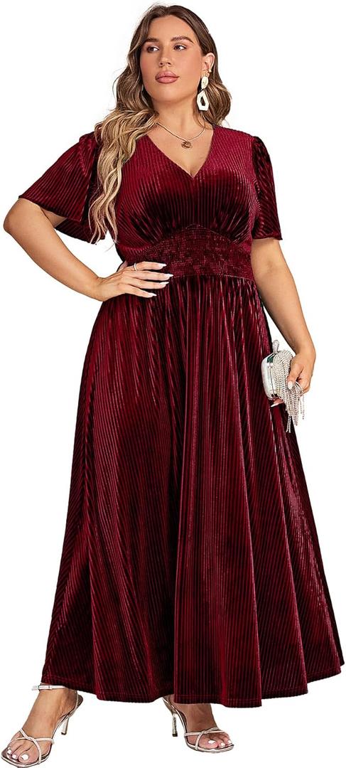 Simplee Women's V Neck Velvet Maxi Dress Short Sleeve Empire Waist Long Formal Dress for Wedding Guest, 1XL