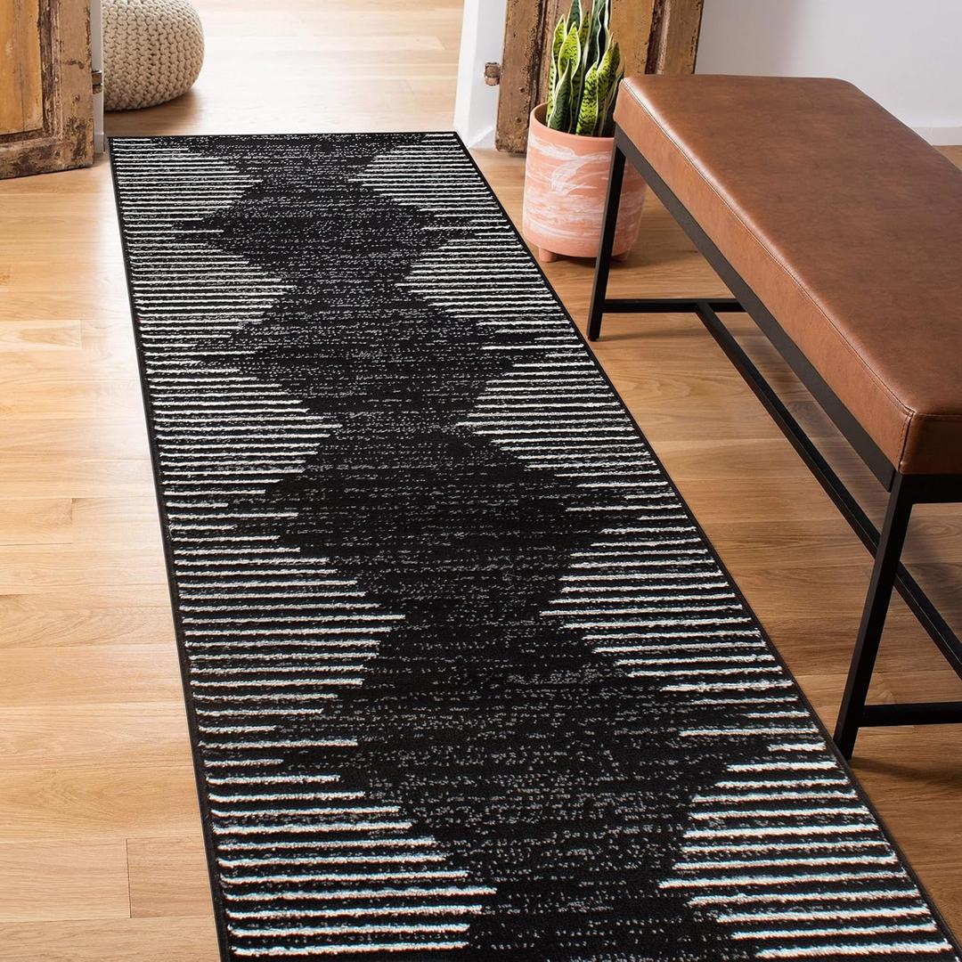 Rugshop Bohemian Stripe Stain Resistant High Traffic Living Room Kitchen Bedroom Dining Home Office Runner Rug 2'x7' Black (2' x 7')