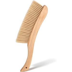 Wooden Hand Whisk Broom Dust Brush with Curved Wood Handle Soft Bristle Bench Brush Household Cleaning Brush for Counter Bed Sofa Car Fireplace Clothes (Beige-Curved Handle)