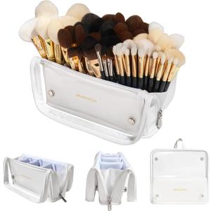 ROWNYEON Makeup Brush Bag, High Capacity Stand-Up Makeup Brush Holder, Travel Professional Cosmetic Bag Artist Organizer Bag Large Makeup Brush Case with Adjustable Divider (Brushes Not included) (White)