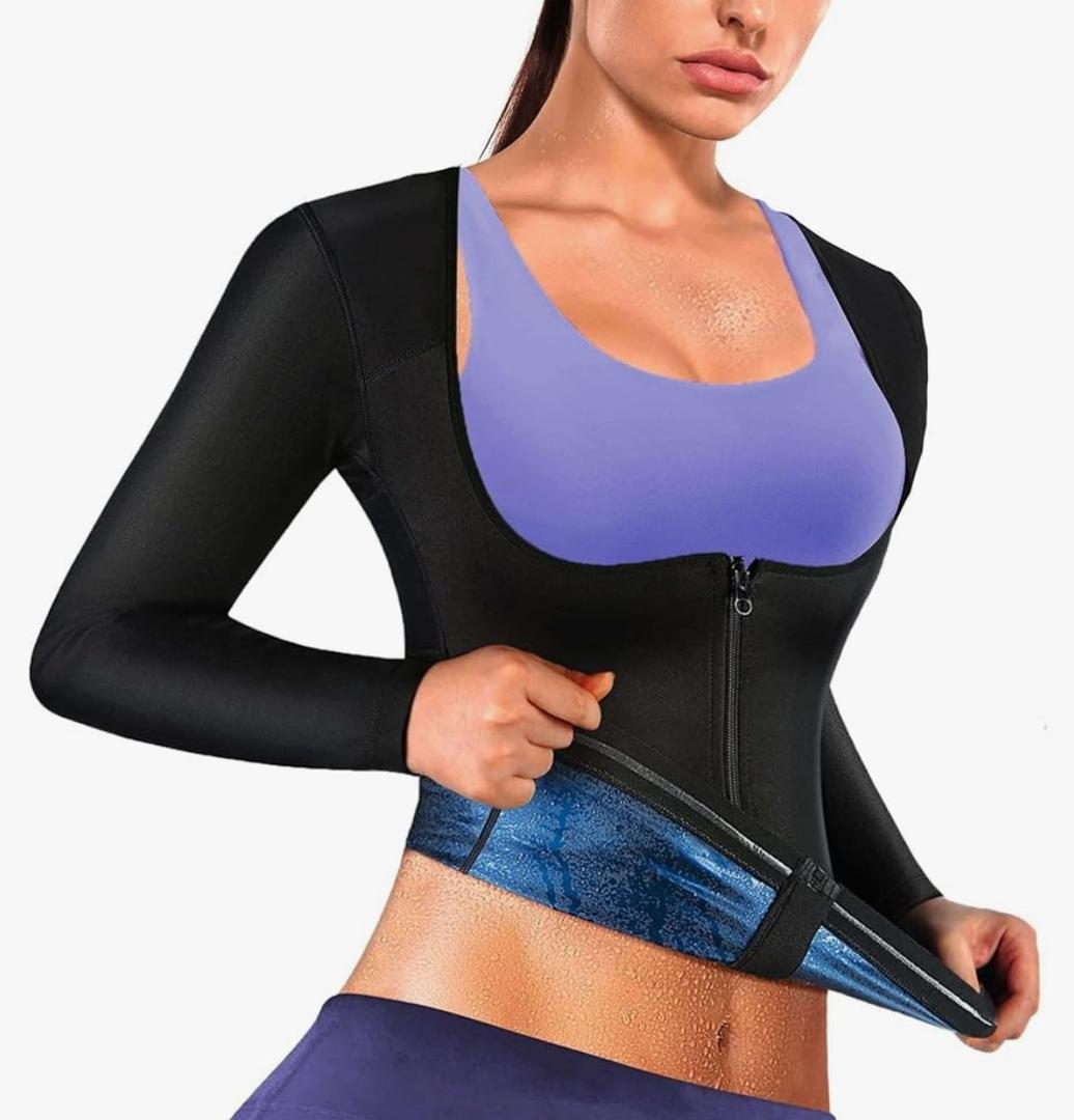 Sauna Suit Shirt For Women Weight Loss Waist Trainer Sweat Vest Workout Fajas Long Sleeve L