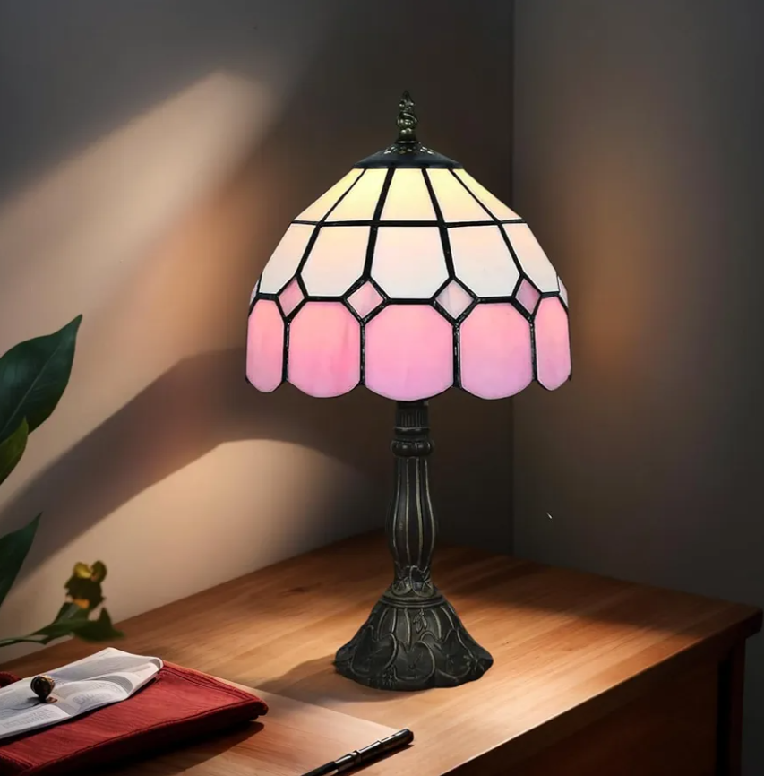 8" Tiffany Style Table Lamp, Vintage Handmade Stained Glass Shade Lighting, Bedroom Bedside Light, Study Desk Lamp, Office Accent Lamp