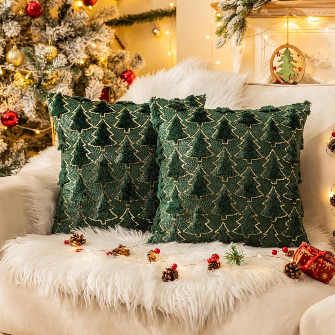 AQOTHES Christmas Tree Green Throw Pillow Covers 18x18, Soft Faux Fur Sequins Throw Pillows for Couch Sofa Bed Room Cushion Covers Holiday Decorations