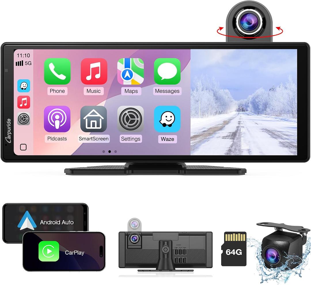 Carpuride Wireless Carplay & Android Auto with Dash Cam - 10.26 Inch HD IPS Touch Car Play Screen for Car, 4K Front & 1080P Rear Camera, Loop Recording, Bluetooth Audio, Mirror Link, GPS, Siri