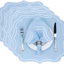 Cotton Linen Placemats Set of 4 - Double Layered, Machine Washable, Scalloped & Embroidered Cloth Table Mats - Wedding, Spring, Summer Mat, 19 x 17 inch, Light Blue