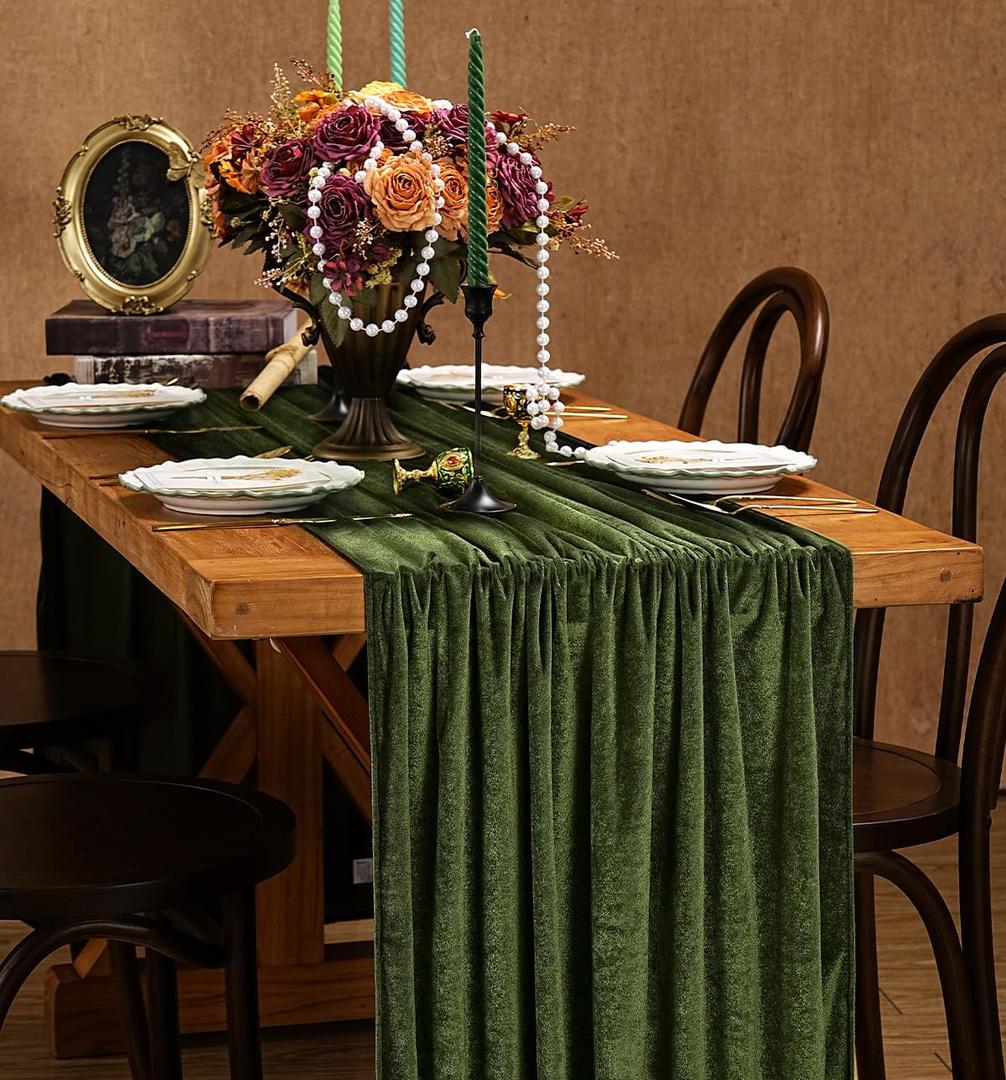 Olive Green Velvet Table Runner: 20x120 Inch Luxurious Velvet Fabric Christmas Runner- Wedding Party Reception Decorations