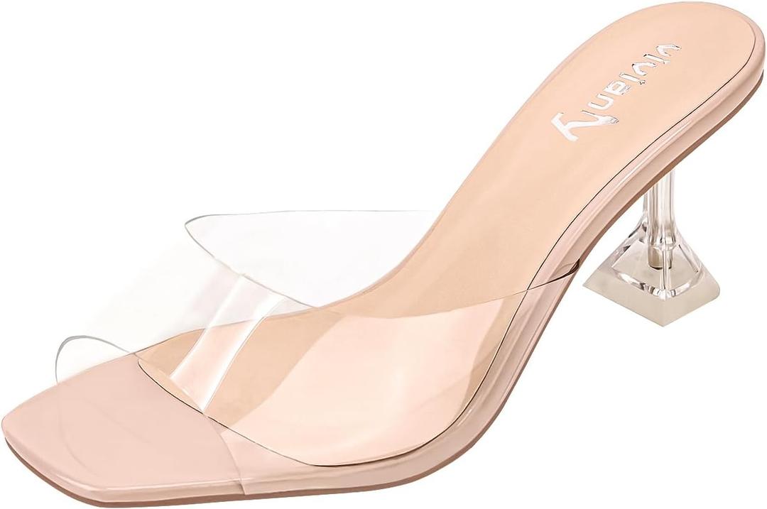 vivianly Womens Clear Heels Sandals Transparent Stiletto Heel Slippers Backless Peep Toe Slip on Heeled Mules (10, Nude -2.7in)