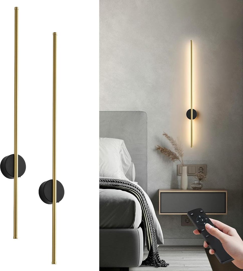 Battery Operated Modern Wall Sconce Set of Two,39.3'', Black Gold