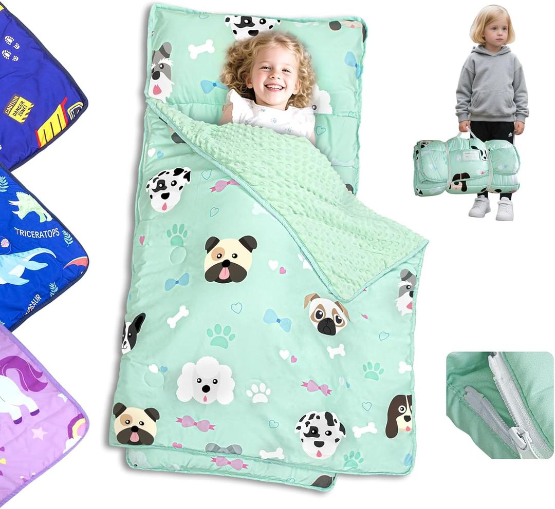 Nap Mat: Toddler Nap Mat with Removable Pillow and Removable Fleece Minky Blanket, Light Weight and Soft Perfect for Preschool and Daycare, 55"x22" Fit Standard Cot (Dog)
