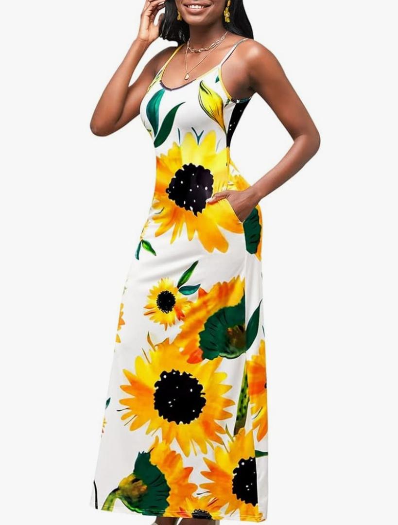SheKiss Women's Summer Sleeve A-Line Cold Shoulder Loose Sundress Maxi Dress, Size M