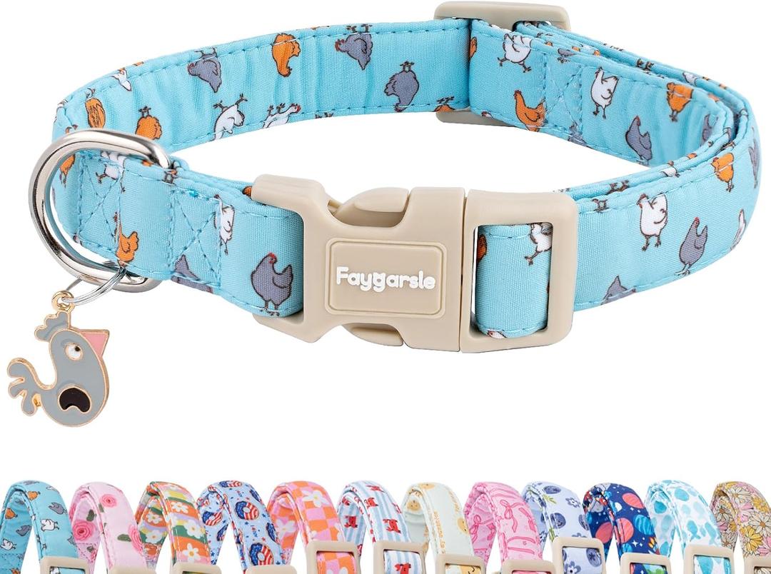 Faygarsle Funny Chicken Pattern Dog Collar, Cotton Fabric, Light Blue with Farm Animal Print for Small Medium Large Dogs M