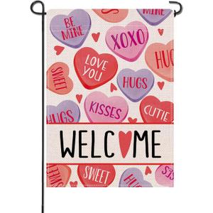 5 x Artofy Welcome Valentines Day Small Decorative Garden Flag, Pink Red Candy Love Hearts Romantic Kids Yard Outside Decor, Anniversary School Classroom Burlap Outdoor Home Decoration Double Sided 12x18