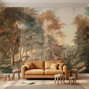 Forest Mural Wallpaper Peel and Stick Vintage Cottage Woodland Lanscape | 134"x96" Wall Murals for Bedroom Livingroom Bathroom