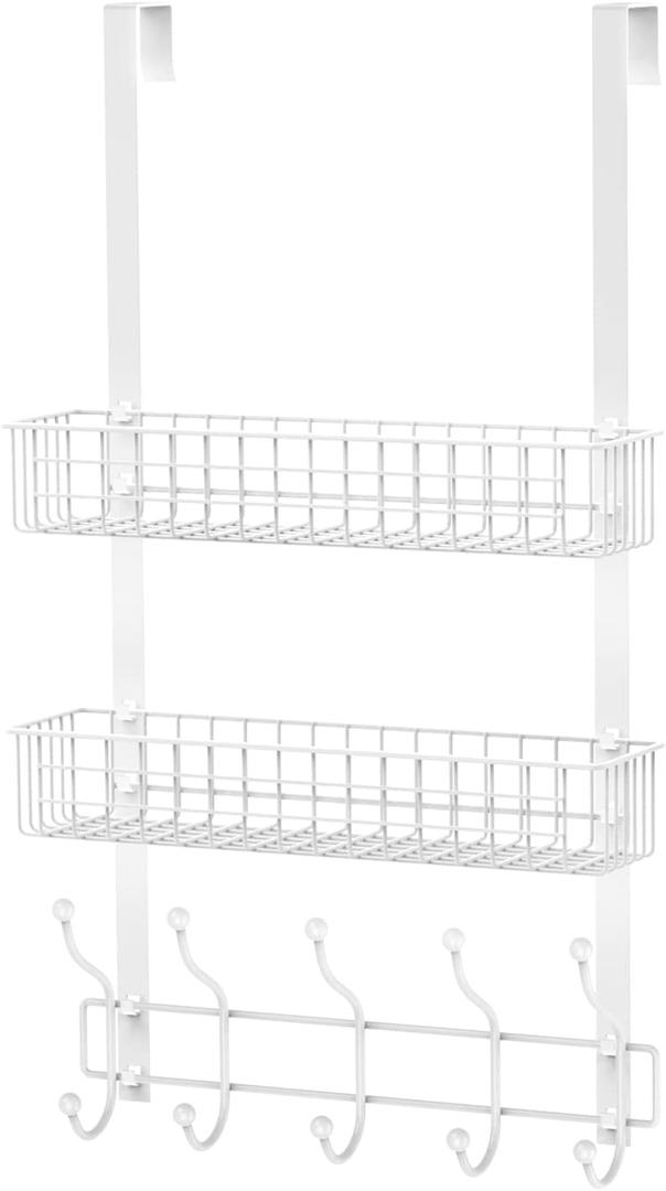 Coat Rack, Over the Door Hanger with Mesh Basket, Detachable Storage Shelf for Towels, Hats, Handbags, Coats (White-2 Baskets) (3-Tier)