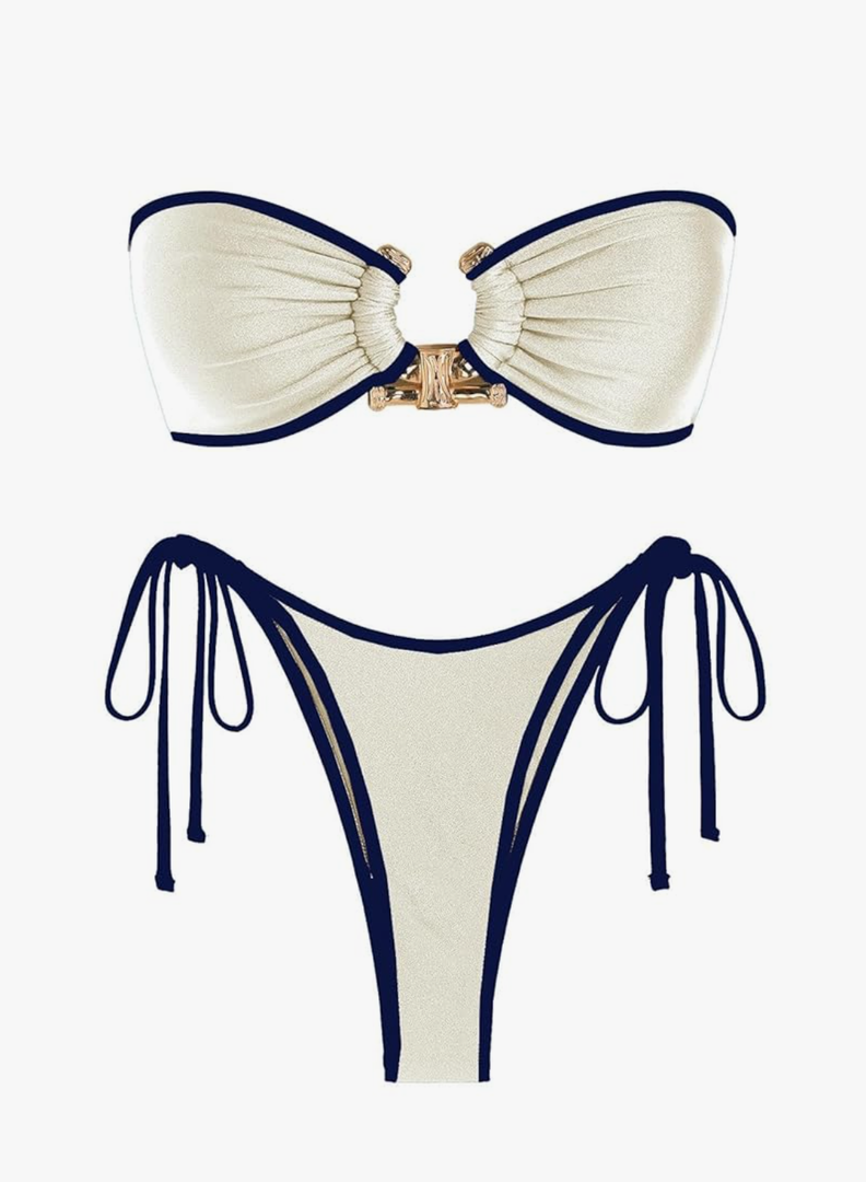 ZAFUL Metal Ring Bandeau Bikini Set Tie Side Bathing Suit High Cut 2 Piece Swimsuit Cutout Swimwear(L)