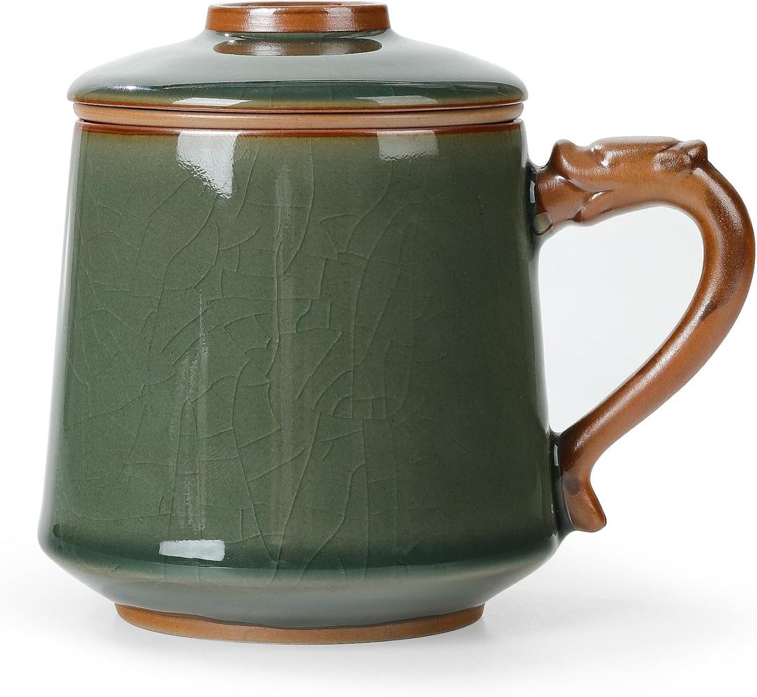 fanquare Handmade Porcelain Tea Cup with Lid and Infuser, Green Crack Glaze Ceramic Coffee Mug, Dishwasher Safe, Chinese Single Tea Cup for Adults Home Office