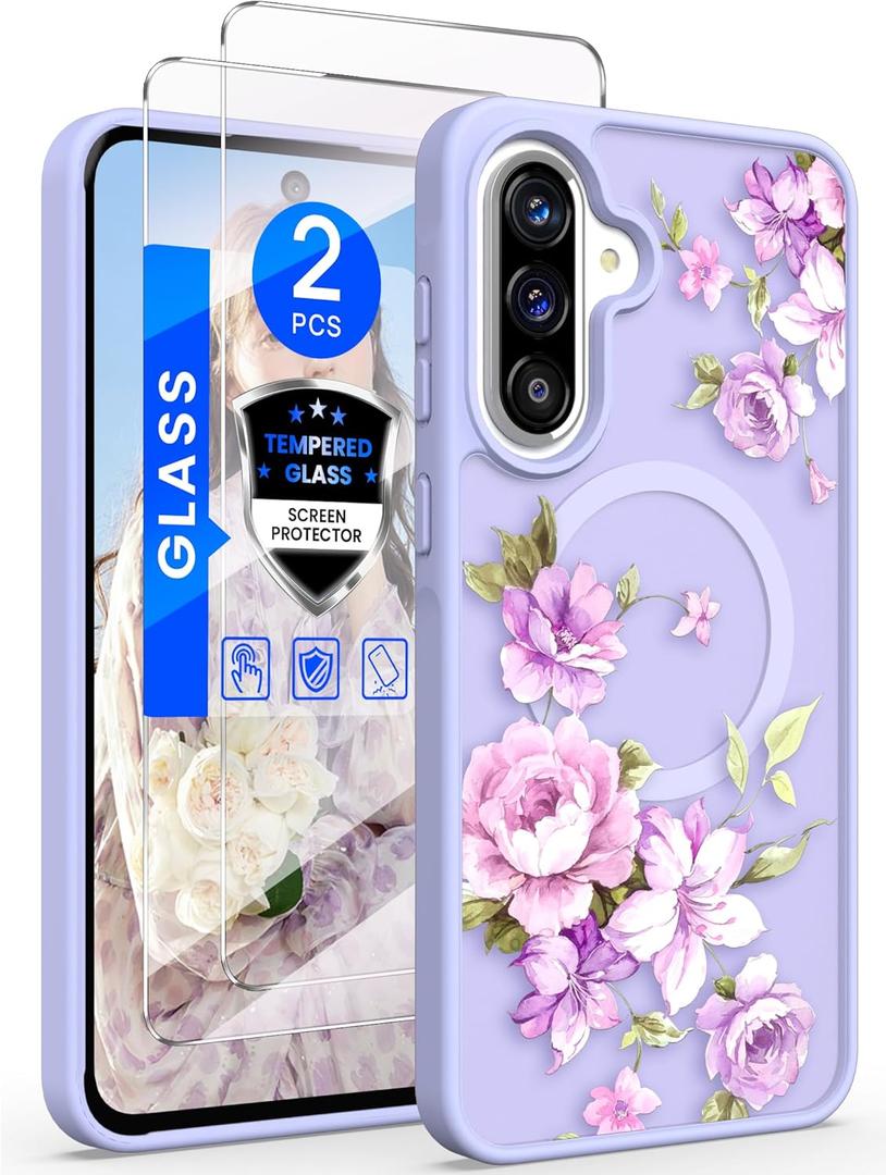 for Samsung Galaxy A36 5G Floral Phone Case with 2X Screen Protector, Military Grade Magnetic Translucent Matte Girls Women Flower Pattern Protective Cover for A36 5G (Light Purple)