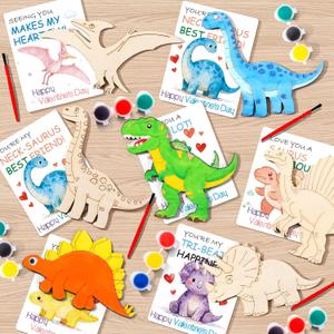 xFFFun Dinosaur Valentines Day Gifts with Cards for Kids- 28 Pack Valentines Wood Painting Craft Kits for Classroom School Exchange, Class Valentine Paint Set for Kids Party Favors Bulk Ages 4-8 8-12
