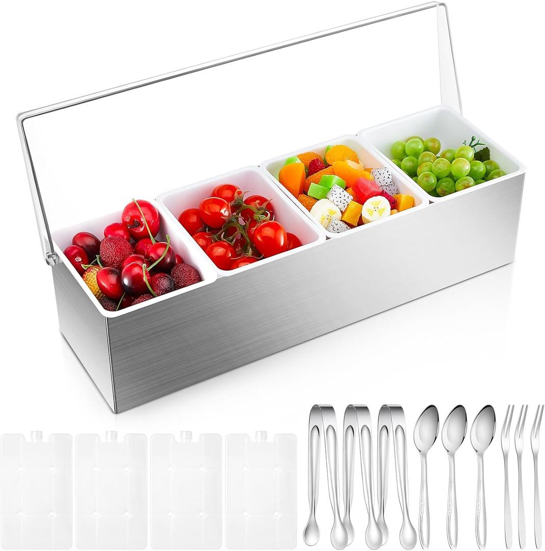 Mifoci 1 Pack Stainless Steel Chilled Condiment Server 4 Removable Slot Toppings Containers with Lid and Bottom Ice Bar Garnish Tray with 9 Silverwares 4 Ice Boxes for Christmas Party, Events and Bar